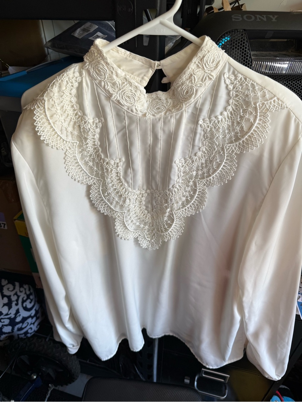 Vintage Lady Eva Laurel ivory blouse w/ floral mock neck & lace bib detailing